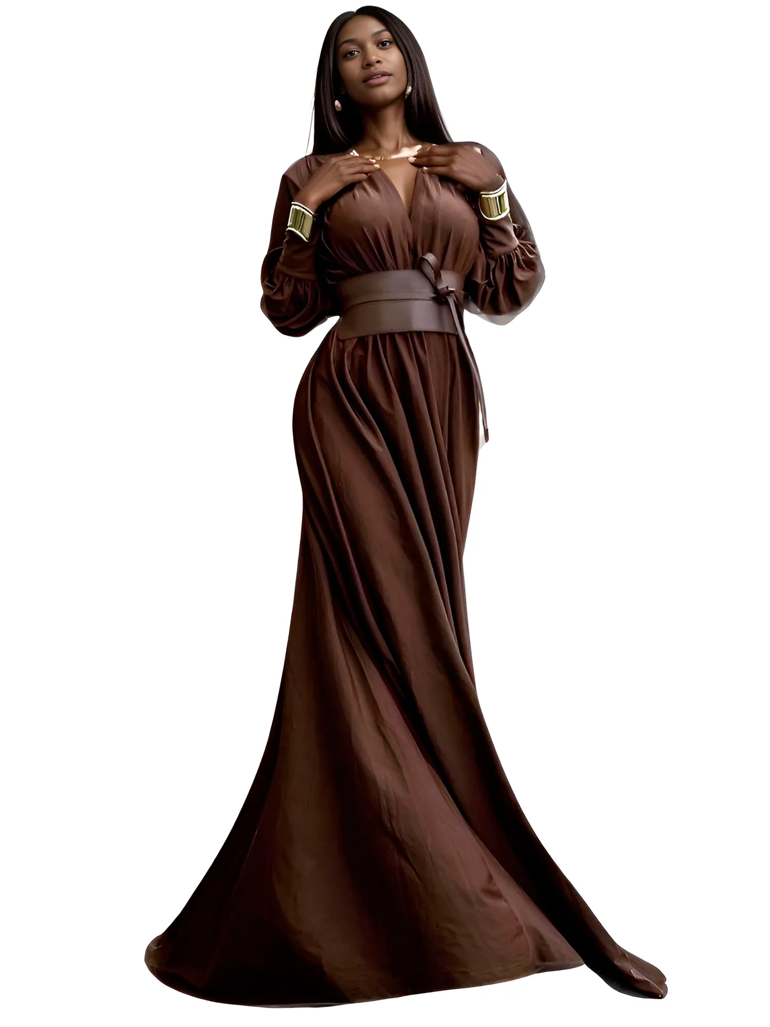 2025 Spring Fashion Dresses For Women Plunging V Neck High Waist Brown Belted Maxi Dress Wedding Party Dress