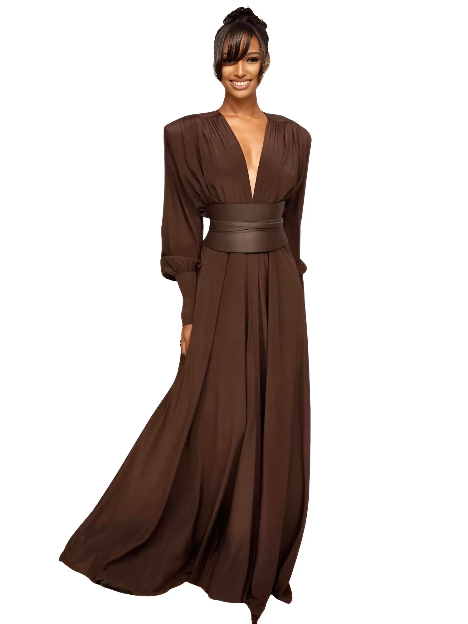 2025 Spring Fashion Dresses For Women Plunging V Neck High Waist Brown Belted Maxi Dress Wedding Party Dress