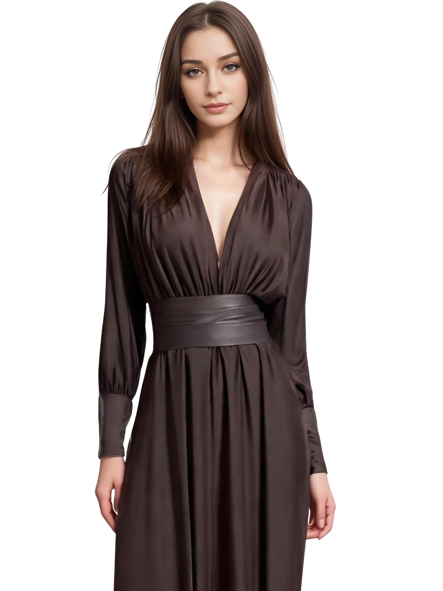 2025 Spring Fashion Dresses For Women Plunging V Neck High Waist Brown Belted Maxi Dress Wedding Party Dress