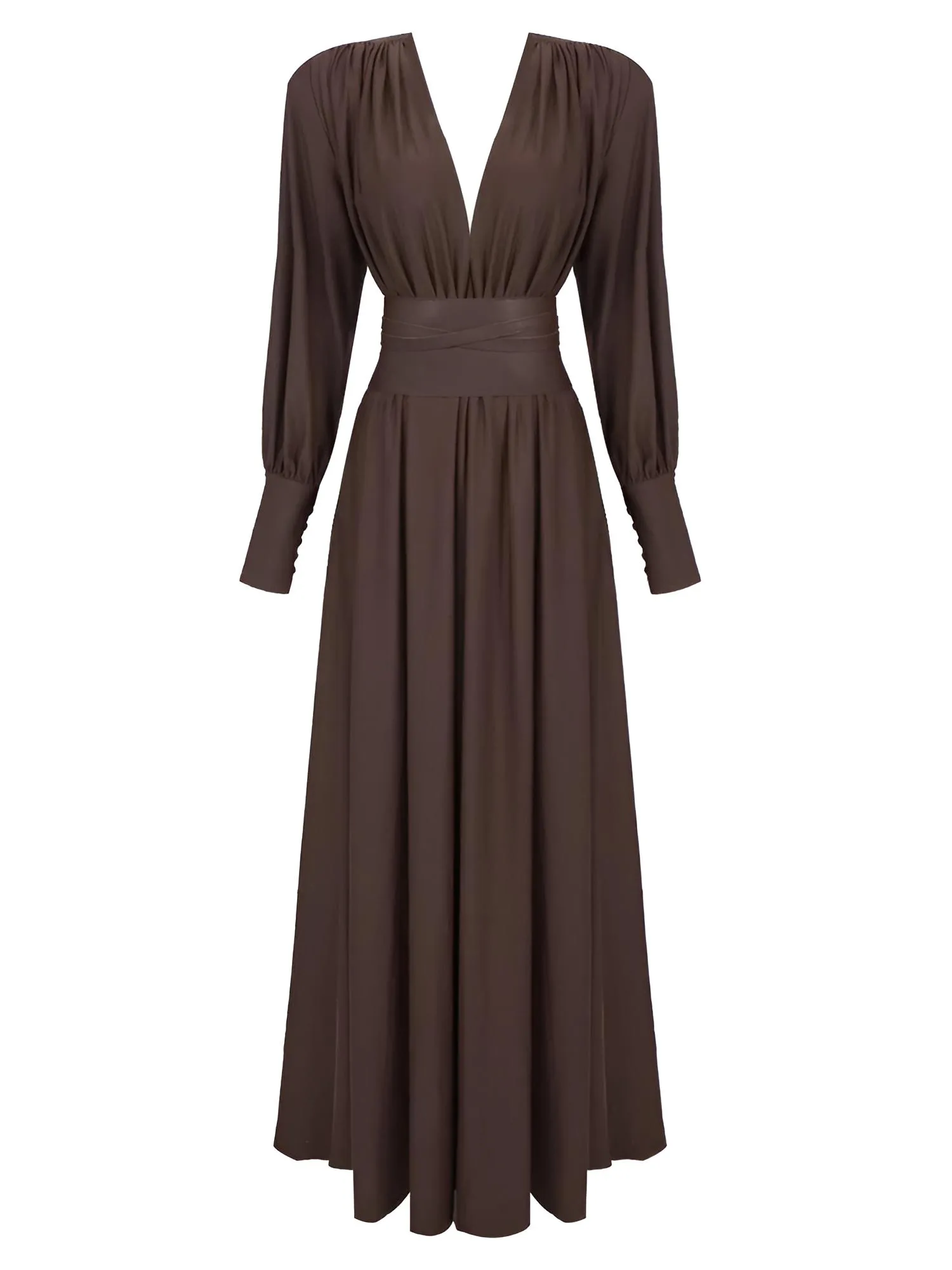 2025 Spring Fashion Dresses For Women Plunging V Neck High Waist Brown Belted Maxi Dress Wedding Party Dress