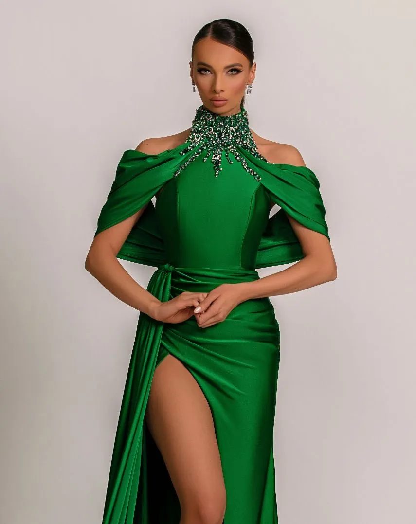 Charlotte  Beautiful High Neck Green Evening Dress