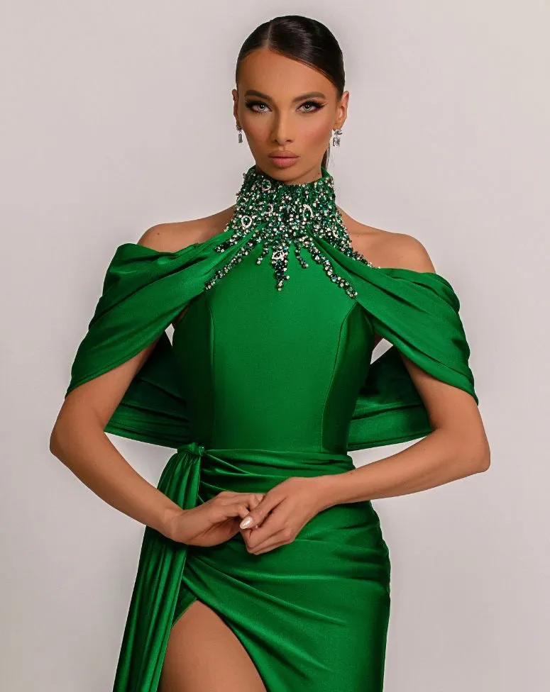 Charlotte  Beautiful High Neck Green Evening Dress
