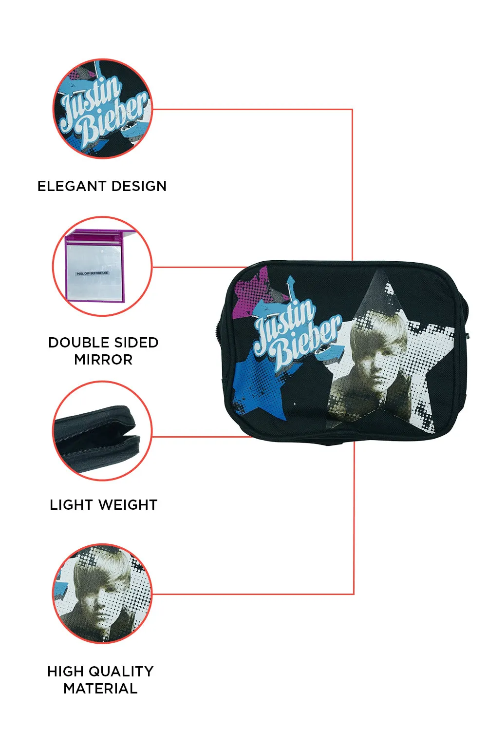 Justin Bieber Cosmetic Case Black With Zip And Compact Mirror Girls/Boys Gift Set