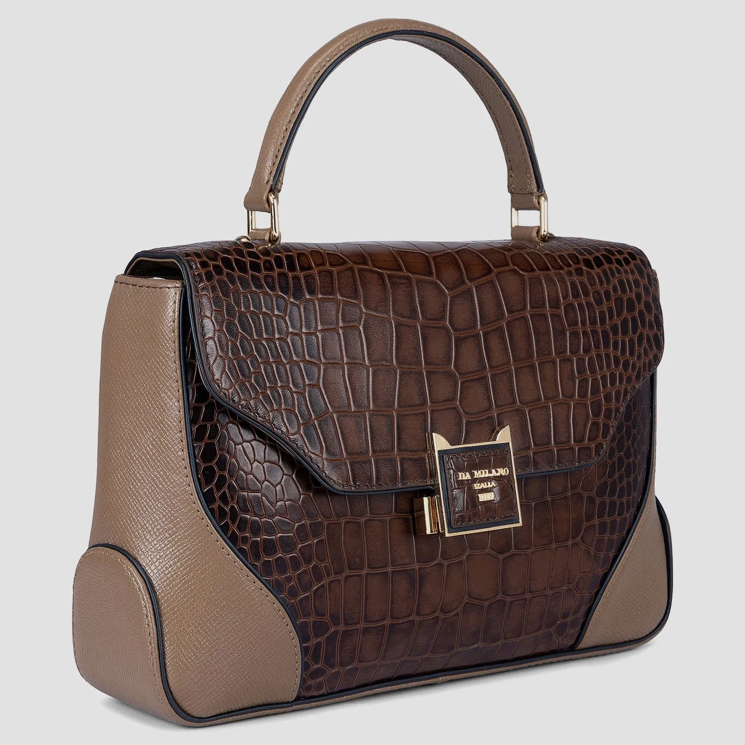 Medium Croco Franzy Leather Satchel - Brown