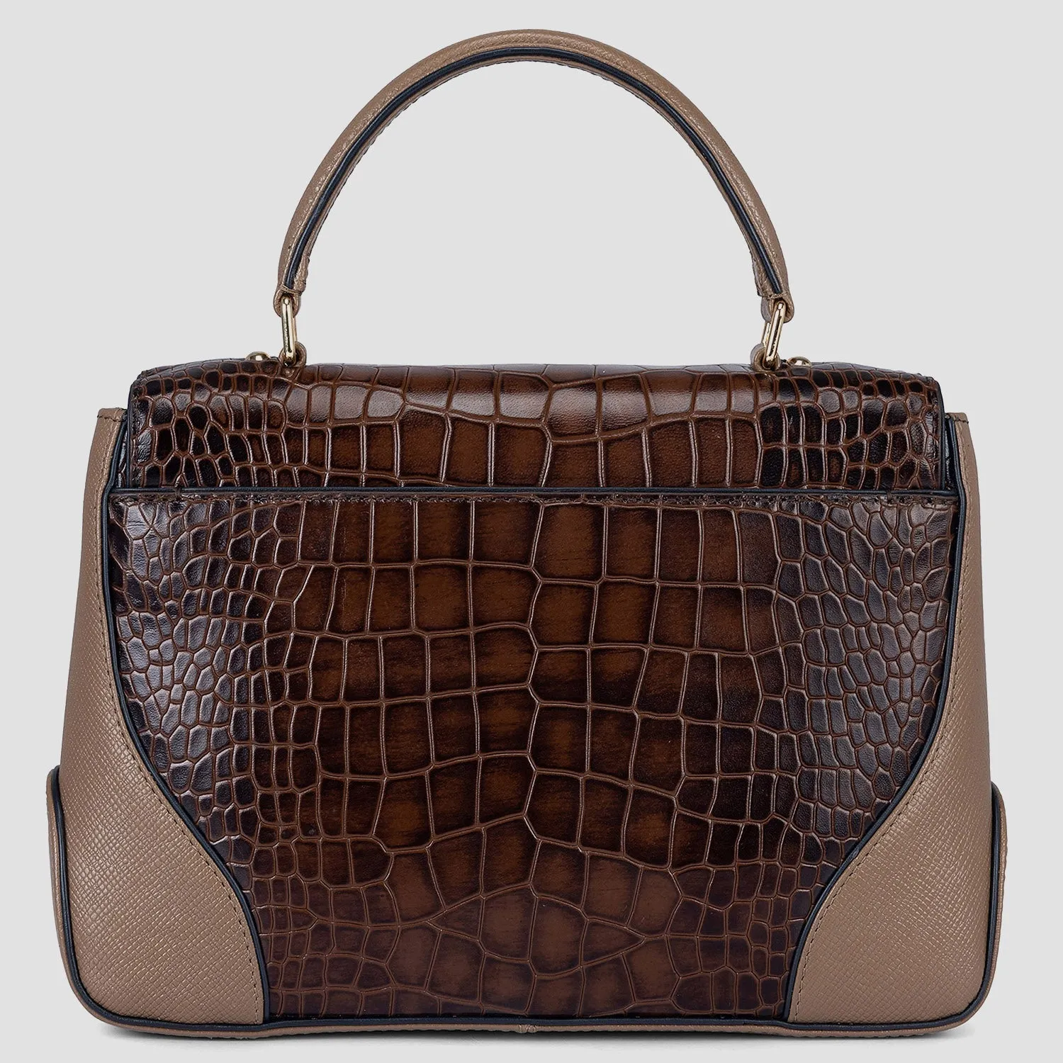 Medium Croco Franzy Leather Satchel - Brown