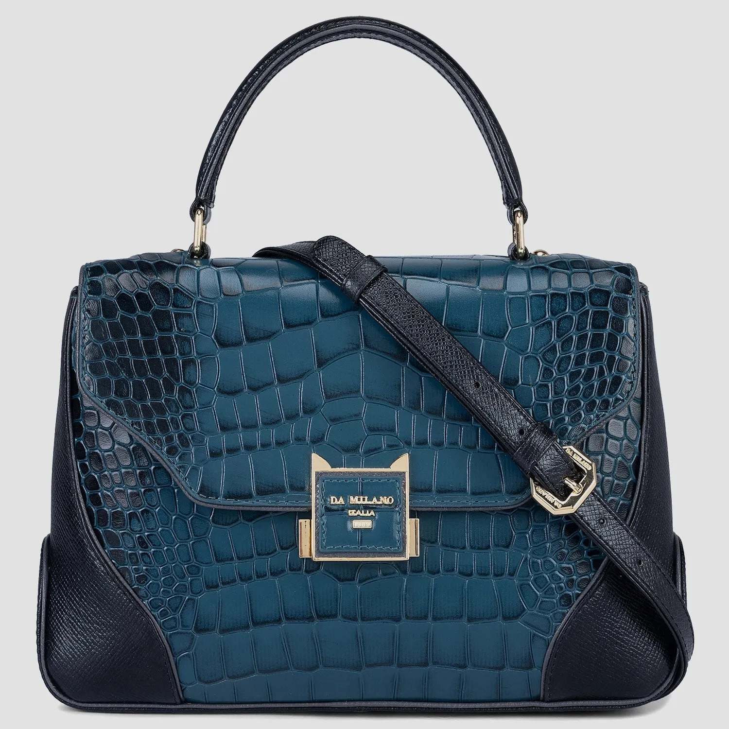Medium Croco Franzy Leather Satchel - Ocean