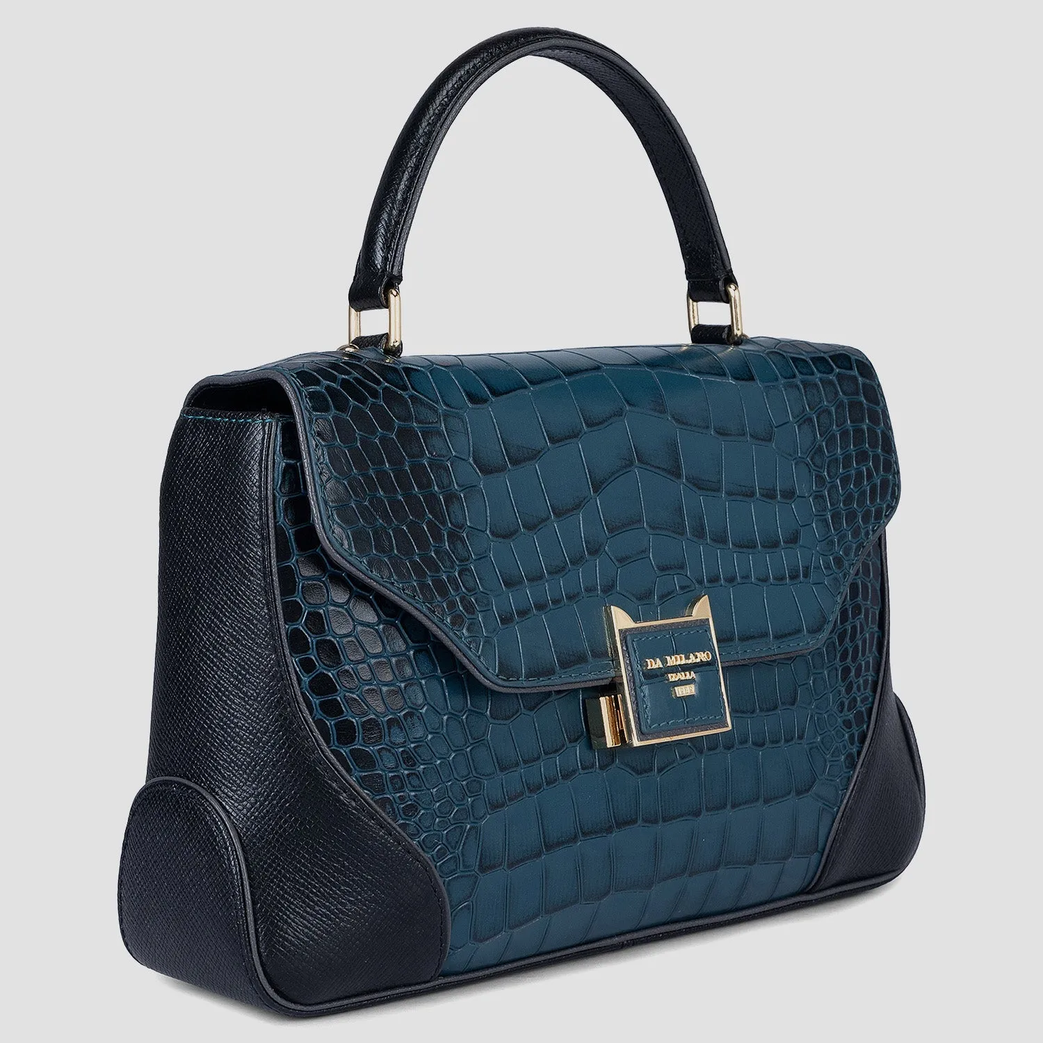 Medium Croco Franzy Leather Satchel - Ocean