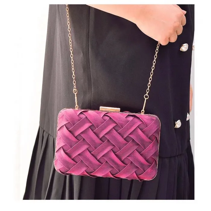Purple Satin Weave Box Clutch Bag