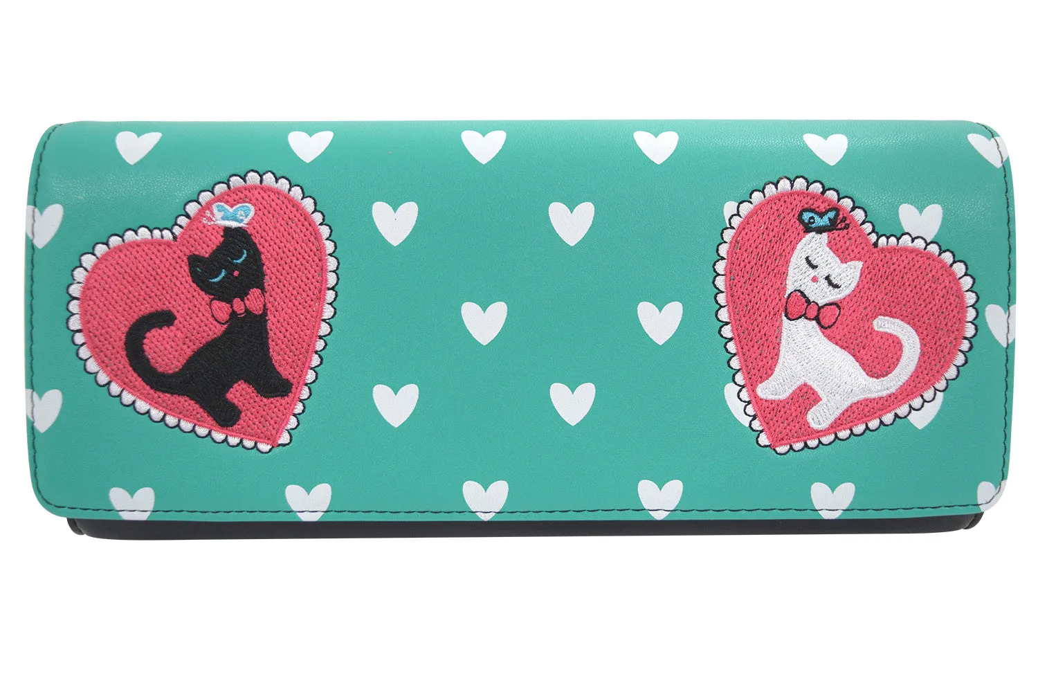 Retro Kitty Love Large Mint Green Clutch Wallet Crossbody Purse