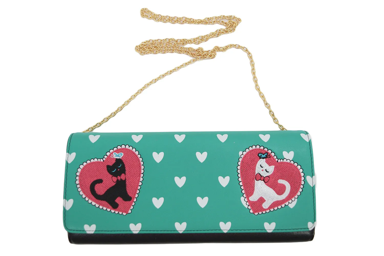 Retro Kitty Love Large Mint Green Clutch Wallet Crossbody Purse