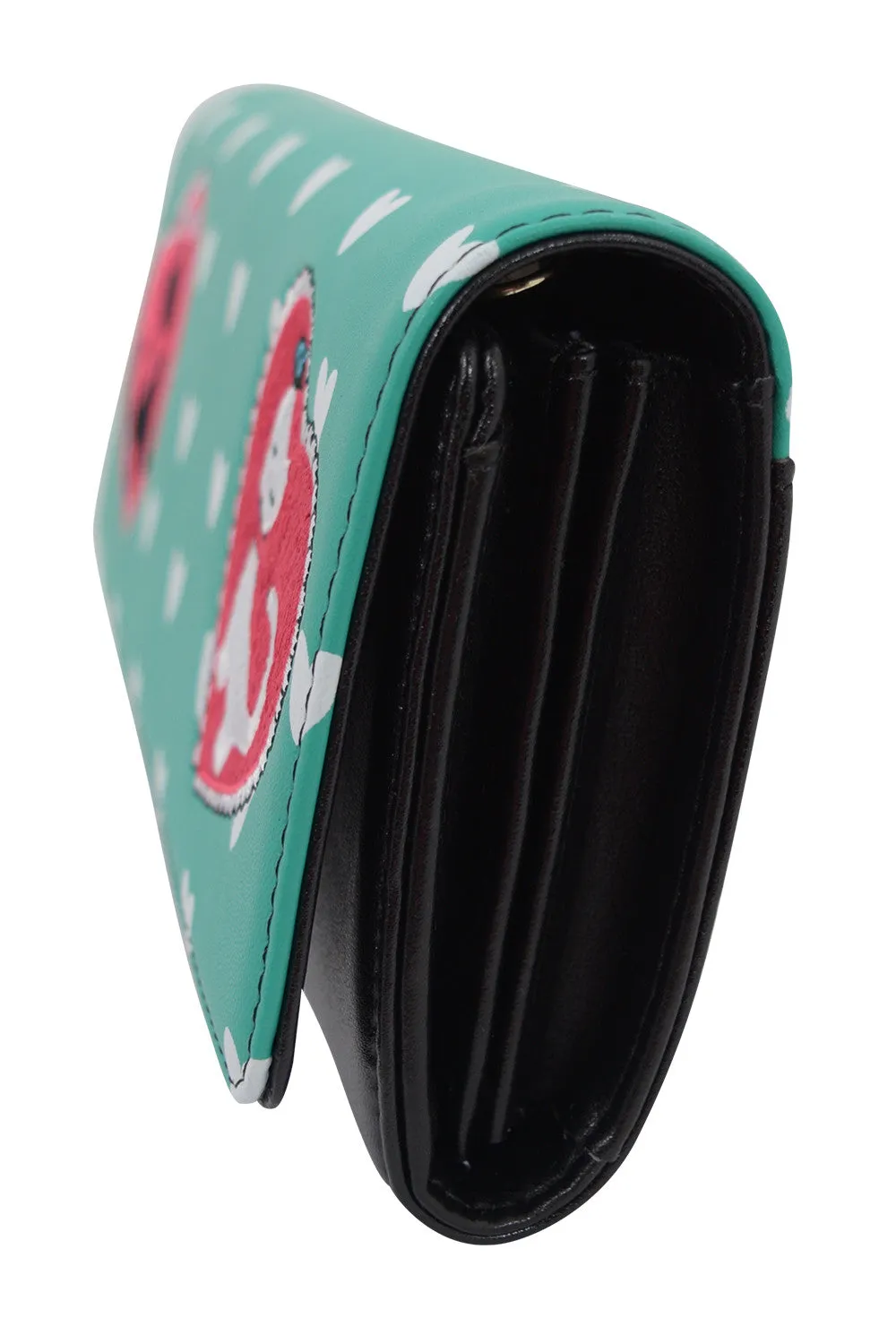 Retro Kitty Love Large Mint Green Clutch Wallet Crossbody Purse