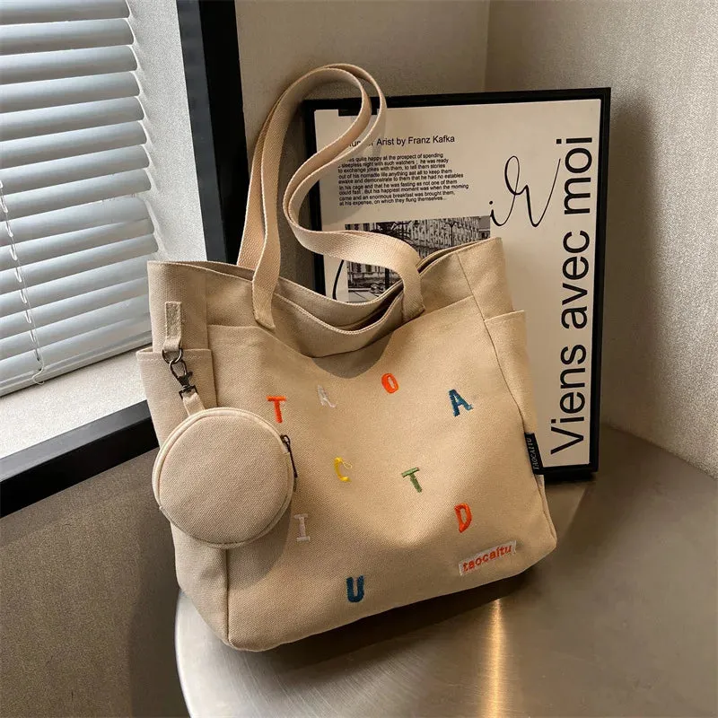 Student Class Commuting Shoulder Bag Women's Canvas Large Capacity Tote Bag Versatile Simple Shoulder Handbag