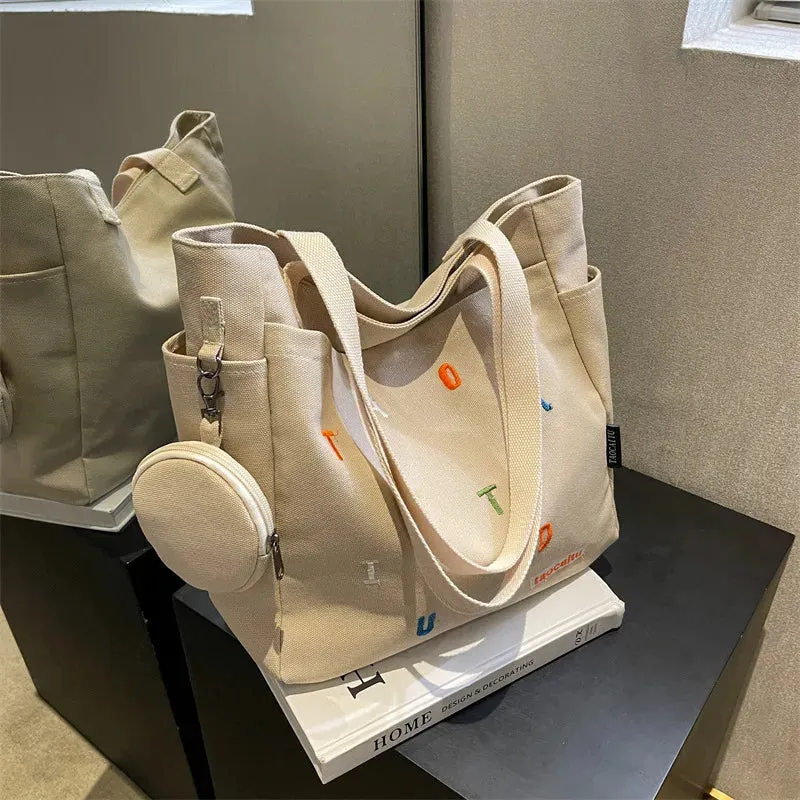 Student Class Commuting Shoulder Bag Women's Canvas Large Capacity Tote Bag Versatile Simple Shoulder Handbag