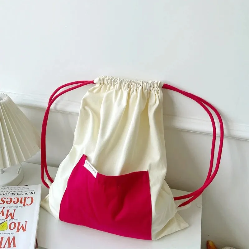 UAKISS  -  Patchwork Contrast Color Drawstring Canvas Bags Streetwear Women All Match Schoolbags Japanese Students Casual Backpacks Female
