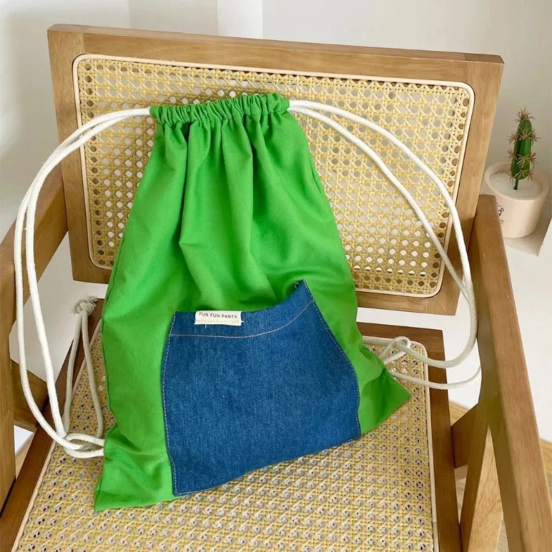 UAKISS  -  Patchwork Contrast Color Drawstring Canvas Bags Streetwear Women All Match Schoolbags Japanese Students Casual Backpacks Female