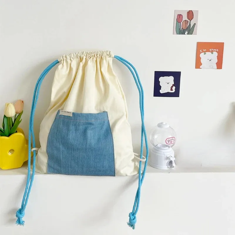 UAKISS  -  Patchwork Contrast Color Drawstring Canvas Bags Streetwear Women All Match Schoolbags Japanese Students Casual Backpacks Female
