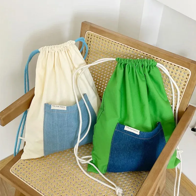 UAKISS  -  Patchwork Contrast Color Drawstring Canvas Bags Streetwear Women All Match Schoolbags Japanese Students Casual Backpacks Female