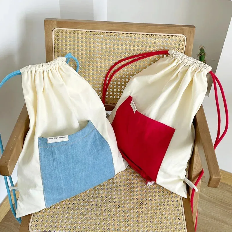 UAKISS  -  Patchwork Contrast Color Drawstring Canvas Bags Streetwear Women All Match Schoolbags Japanese Students Casual Backpacks Female
