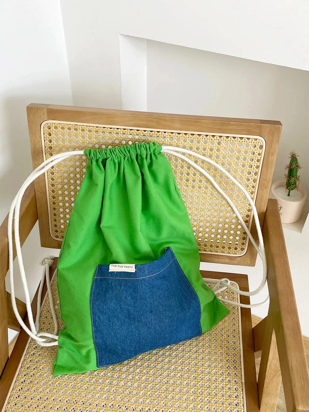 UAKISS  -  Patchwork Contrast Color Drawstring Canvas Bags Streetwear Women All Match Schoolbags Japanese Students Casual Backpacks Female