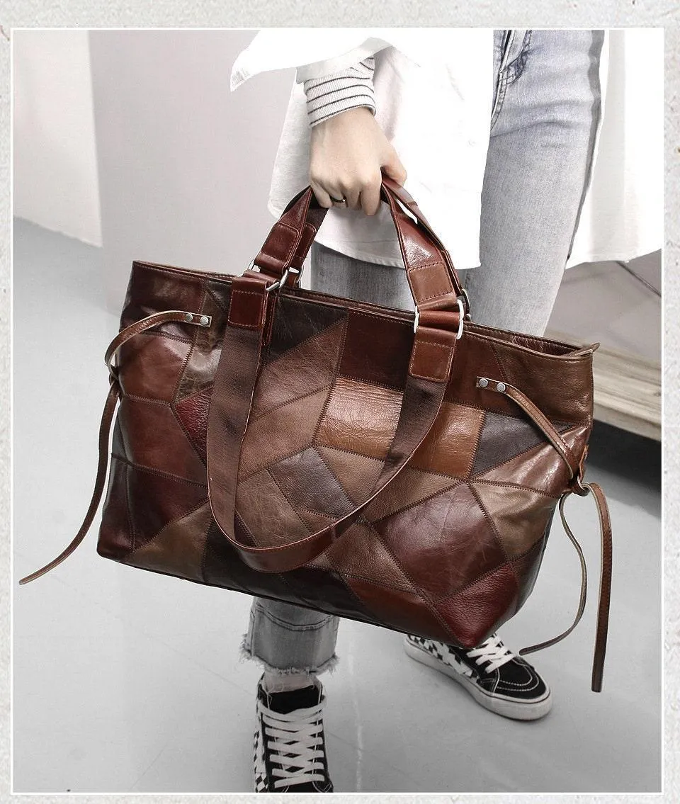 Vintage Large Genuine Leather Patchwork Contrast Handbag, Fashion Leather Travel Weekender Bag, Handcrafted Handle Bags, Extra Large