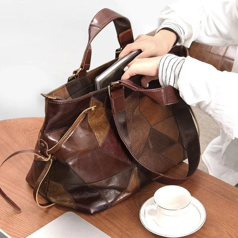 Vintage Large Genuine Leather Patchwork Contrast Handbag, Fashion Leather Travel Weekender Bag, Handcrafted Handle Bags, Extra Large