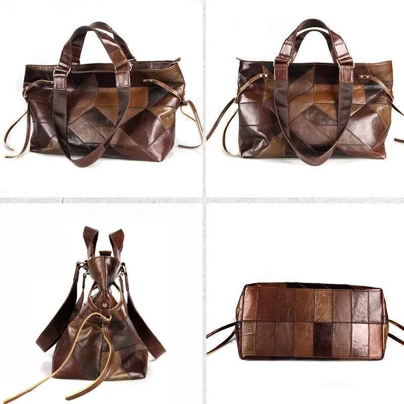 Vintage Large Genuine Leather Patchwork Contrast Handbag, Fashion Leather Travel Weekender Bag, Handcrafted Handle Bags, Extra Large
