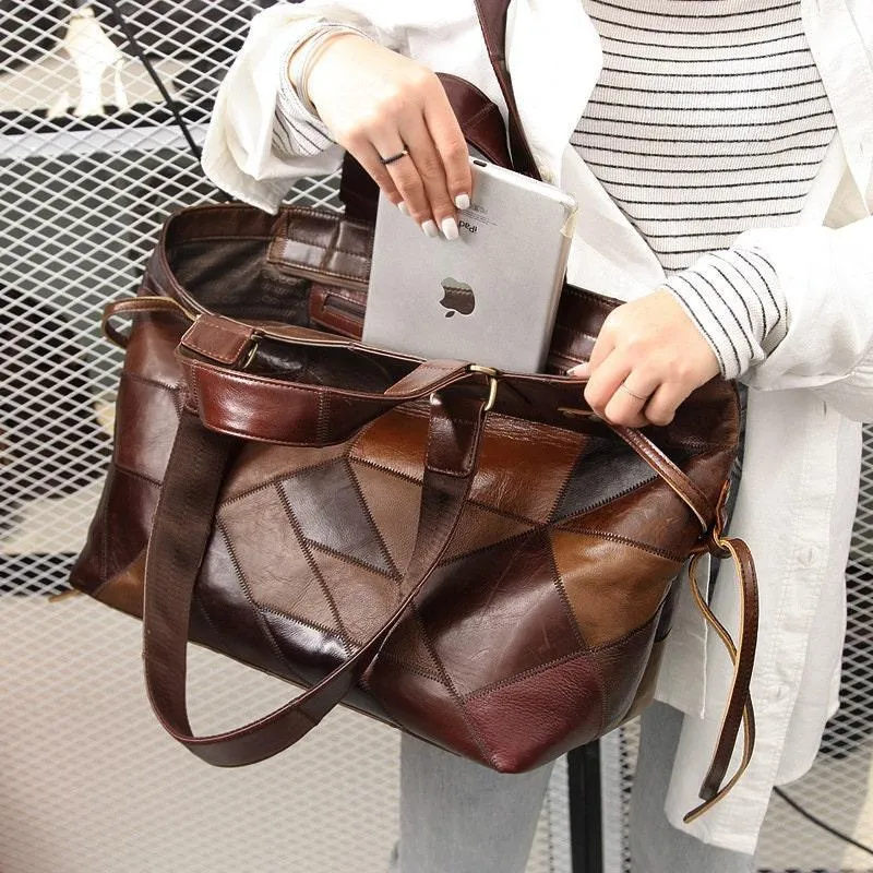 Vintage Large Genuine Leather Patchwork Contrast Handbag, Fashion Leather Travel Weekender Bag, Handcrafted Handle Bags, Extra Large